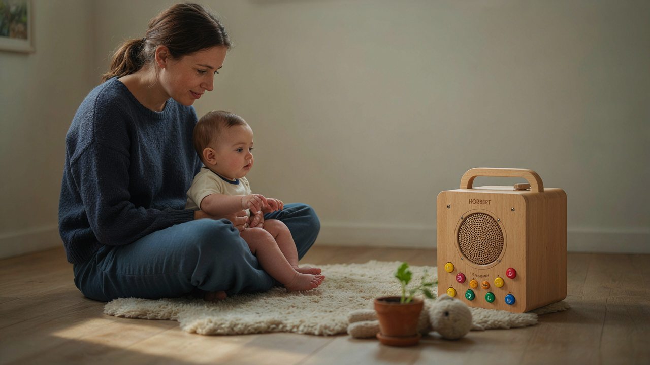 Mutter sitzt mit ihrem Baby am Boden und hört Musik