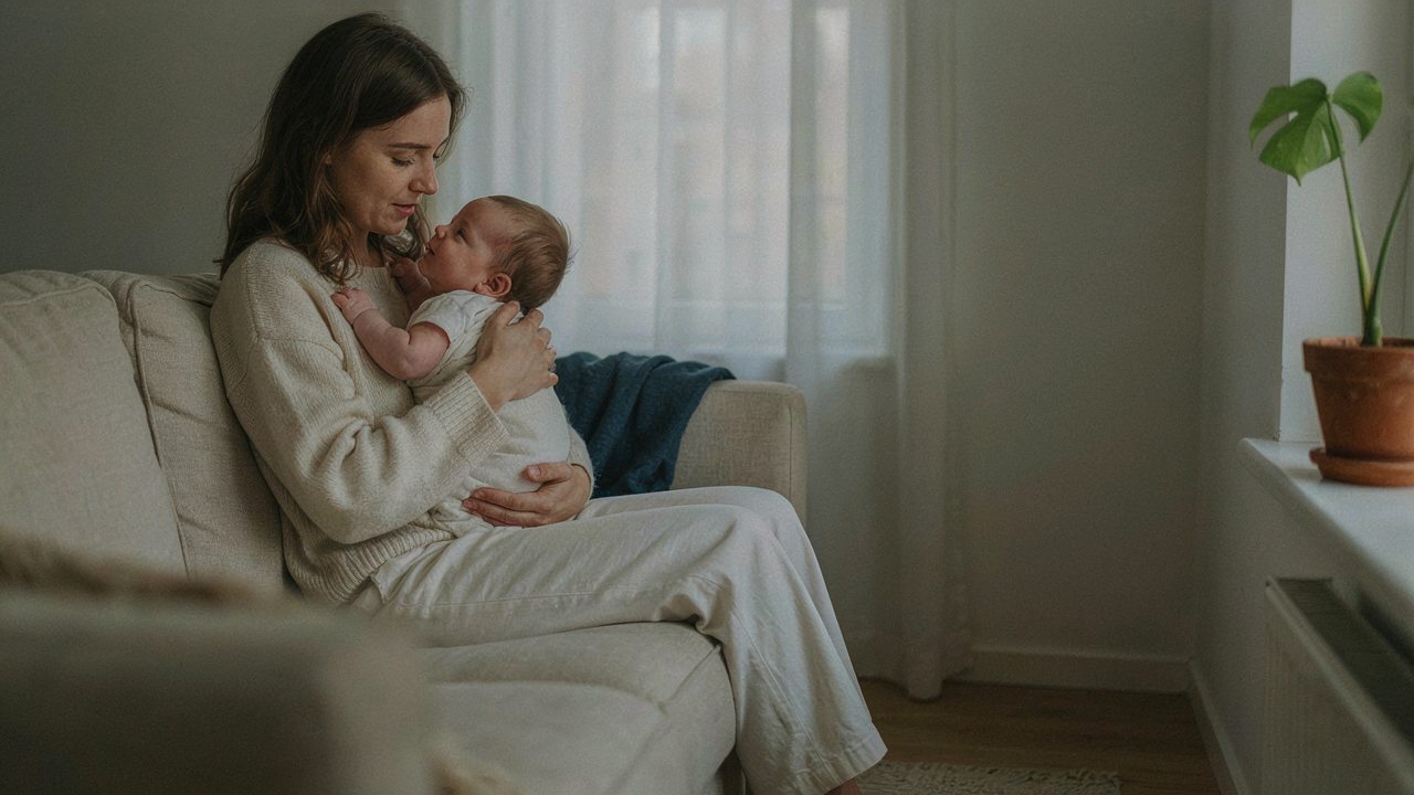 Mutter hält ihr Baby im Arm und singt ihm vor